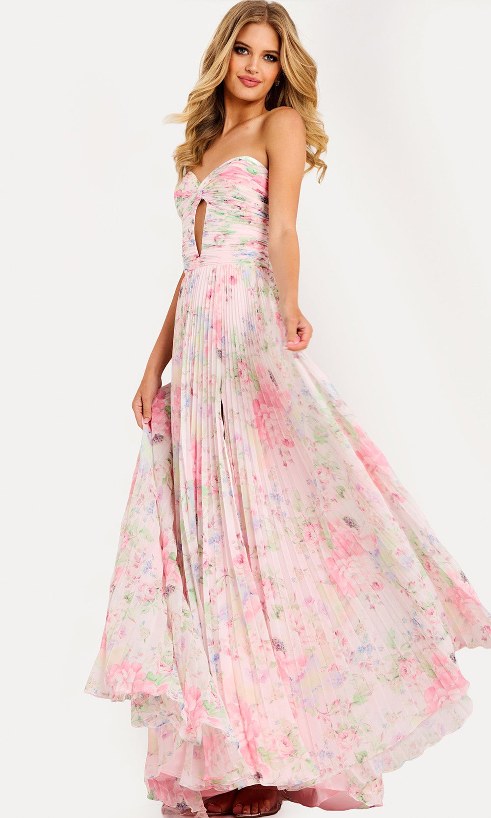 Jovani 44518 - Floral Pleated Chiffon A-Line Dress - back view