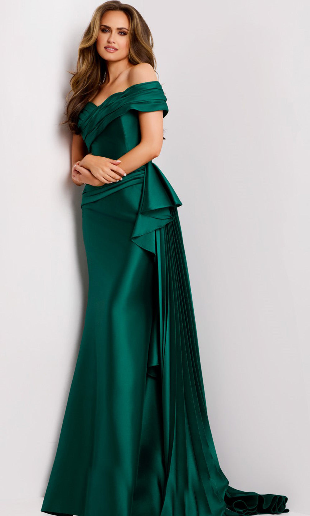 Jovani 44524 - Off Shoulder Satin Gown with Draped Detail - back view