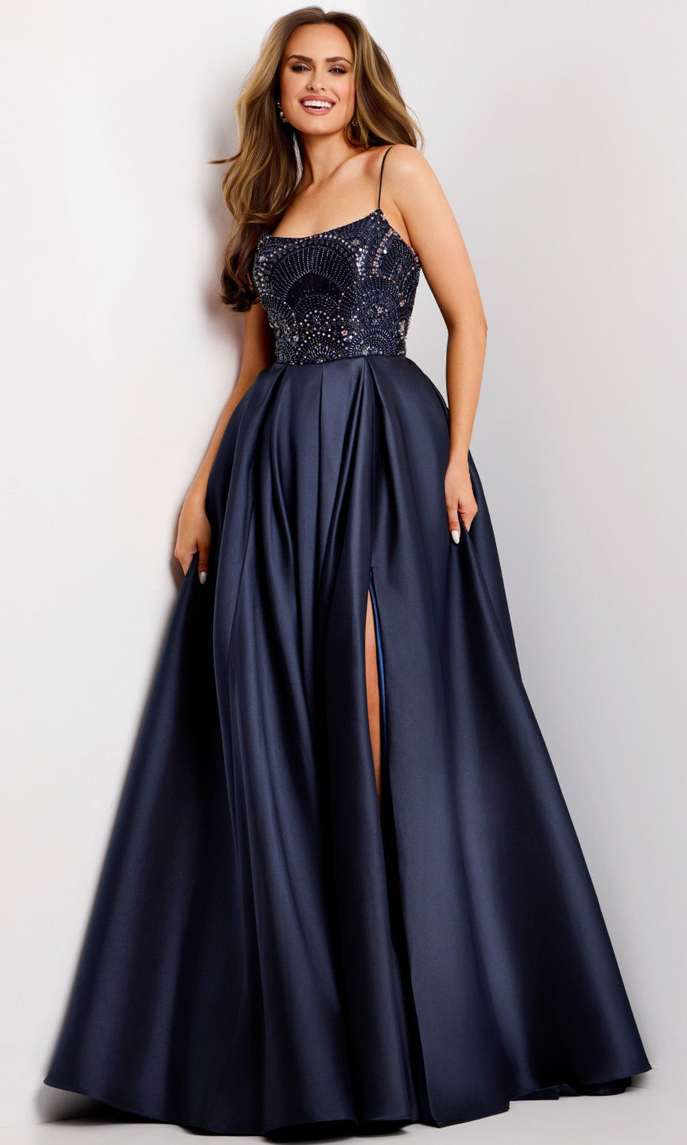 Jovani 44587 - Spaghetti Strap Pleated A-Line Gown - view 4