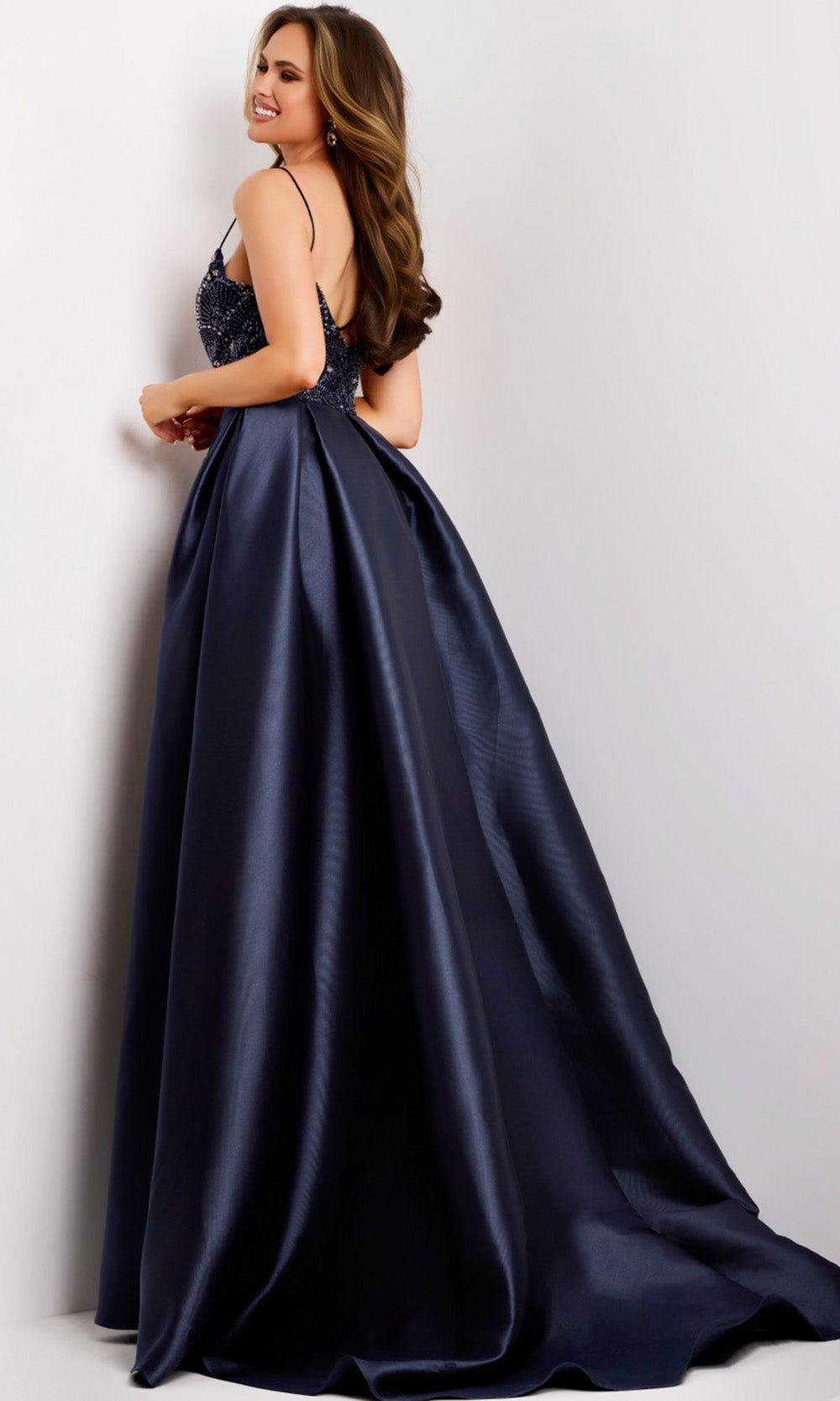 Jovani 44587 - Spaghetti Strap Pleated A-Line Gown - back view