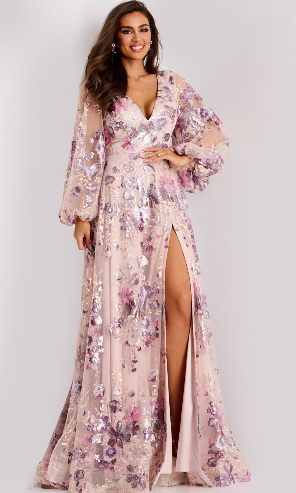 Jovani 44655 - Long Sleeve Metallic Embroidered Gown - detail view