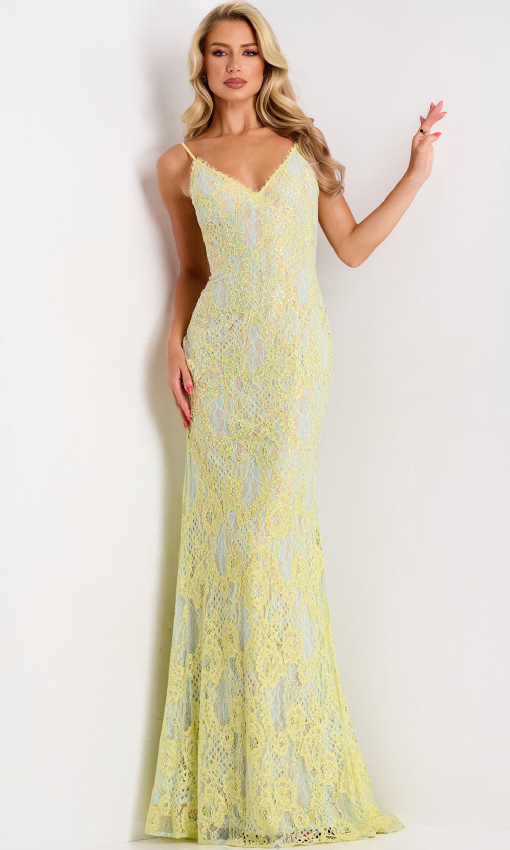 Jovani 44668 - Spaghetti Strap Floral Lace Sheath Gown - designer formal gown at Silhouette Dresses