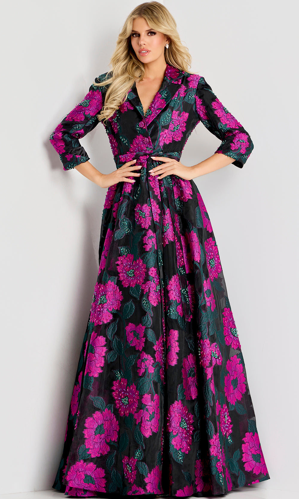 Jovani 44716 - Three-Quarter Sleeve Floral A-Line Gown - designer mother of the bride dress at Silhouette Dresses