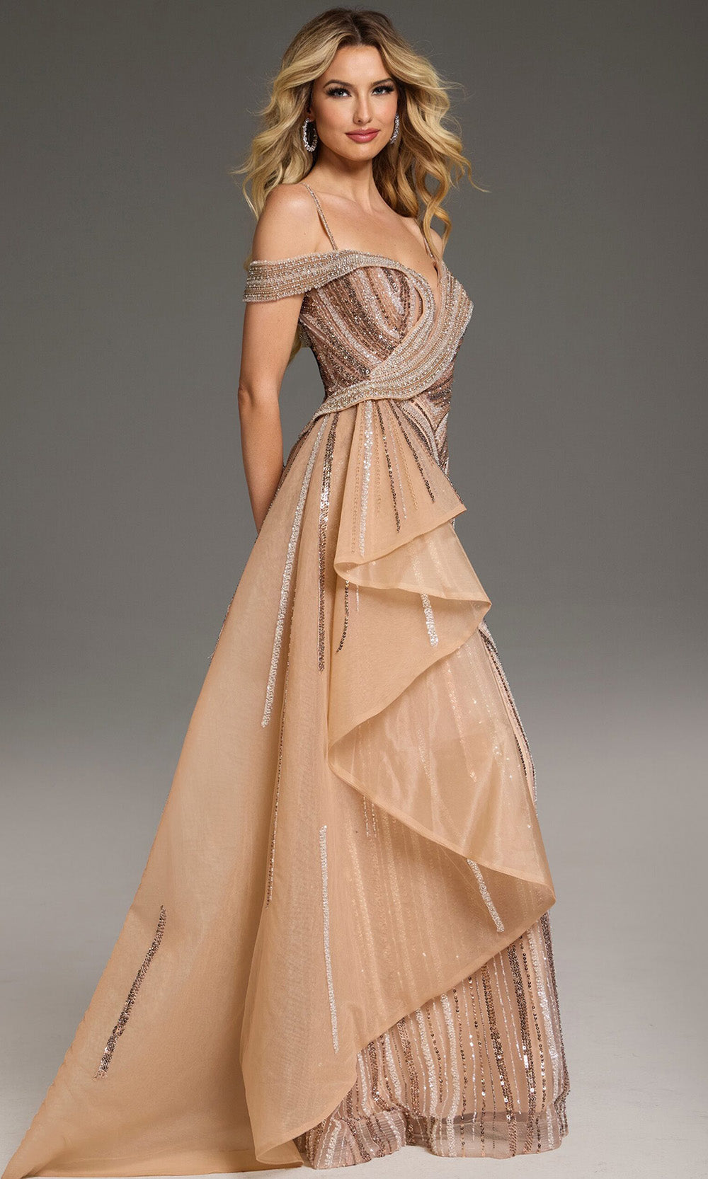 Jovani 44843 - Beaded Off Shoulder Gown with Side Overskirt - back view