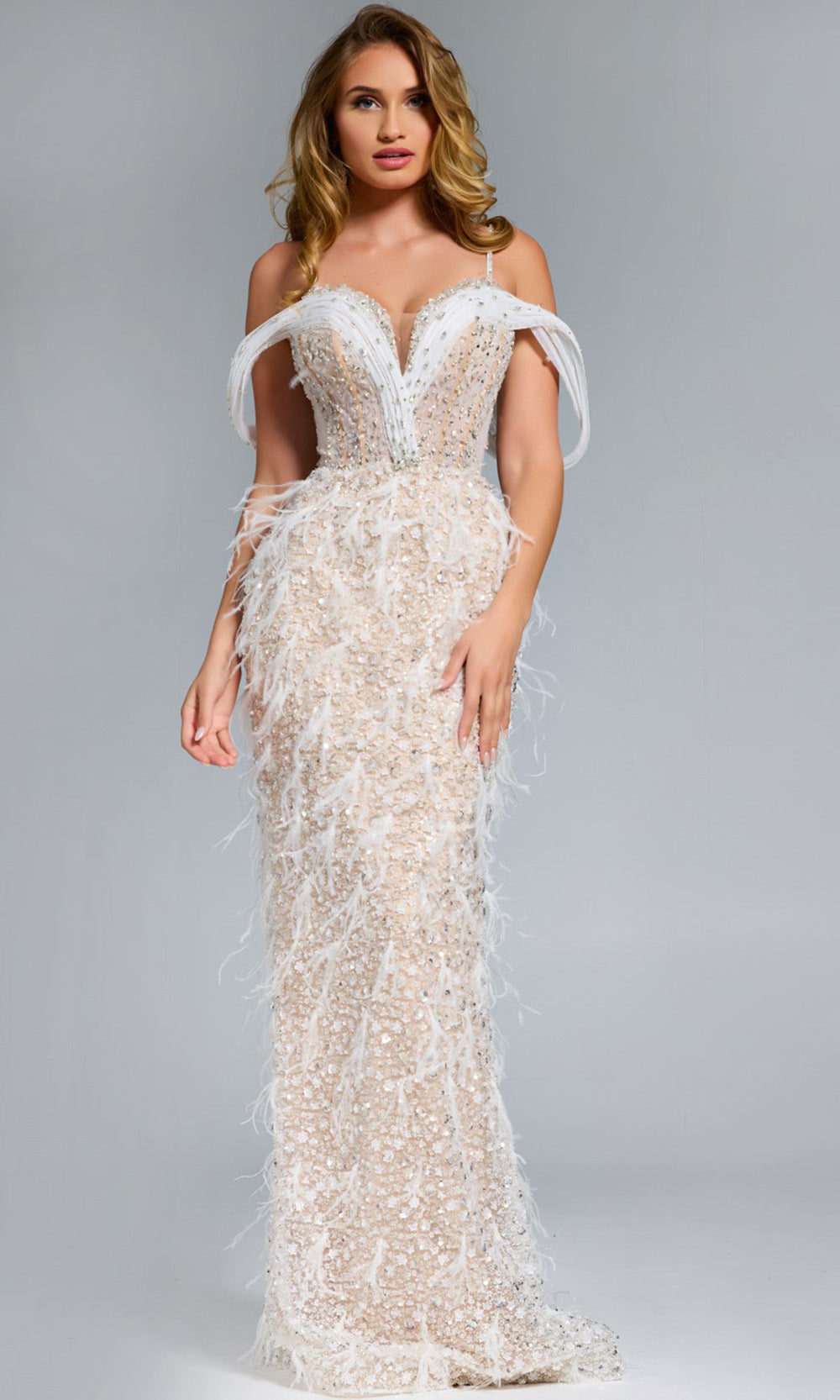 Jovani 44848 - Feathered Cold Shoulder Evening Gown - view 4