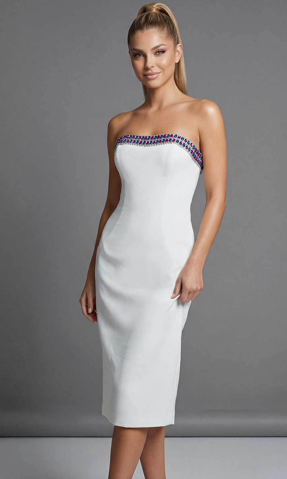 Jovani 44894 - Multicolor Crystal Trim Strapless Sheath Dress - designer prom dress at Silhouette Dresses