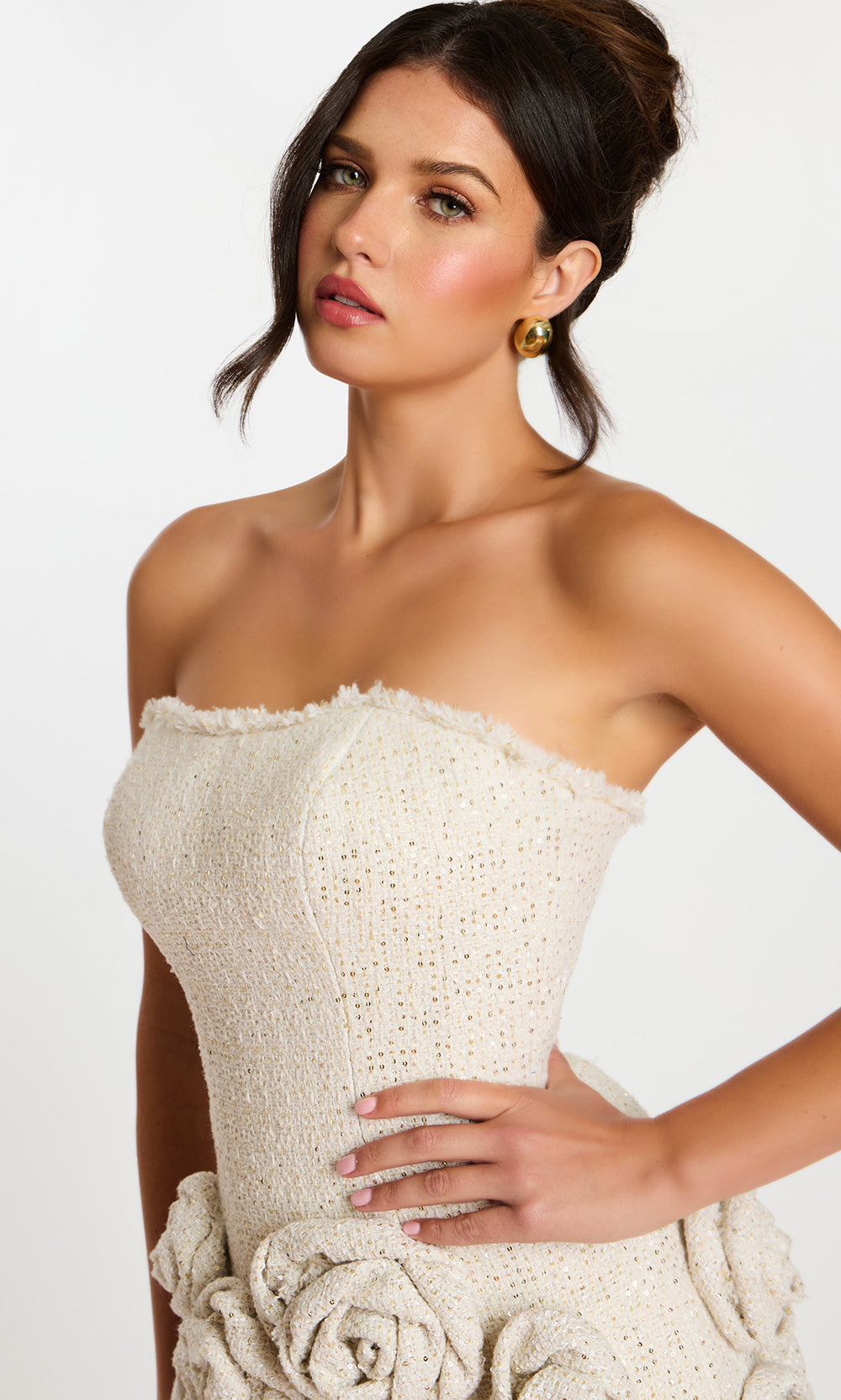 Jovani 45388 - Frayed Neckline Tweed Dress with Rosette Skirt - detail view
