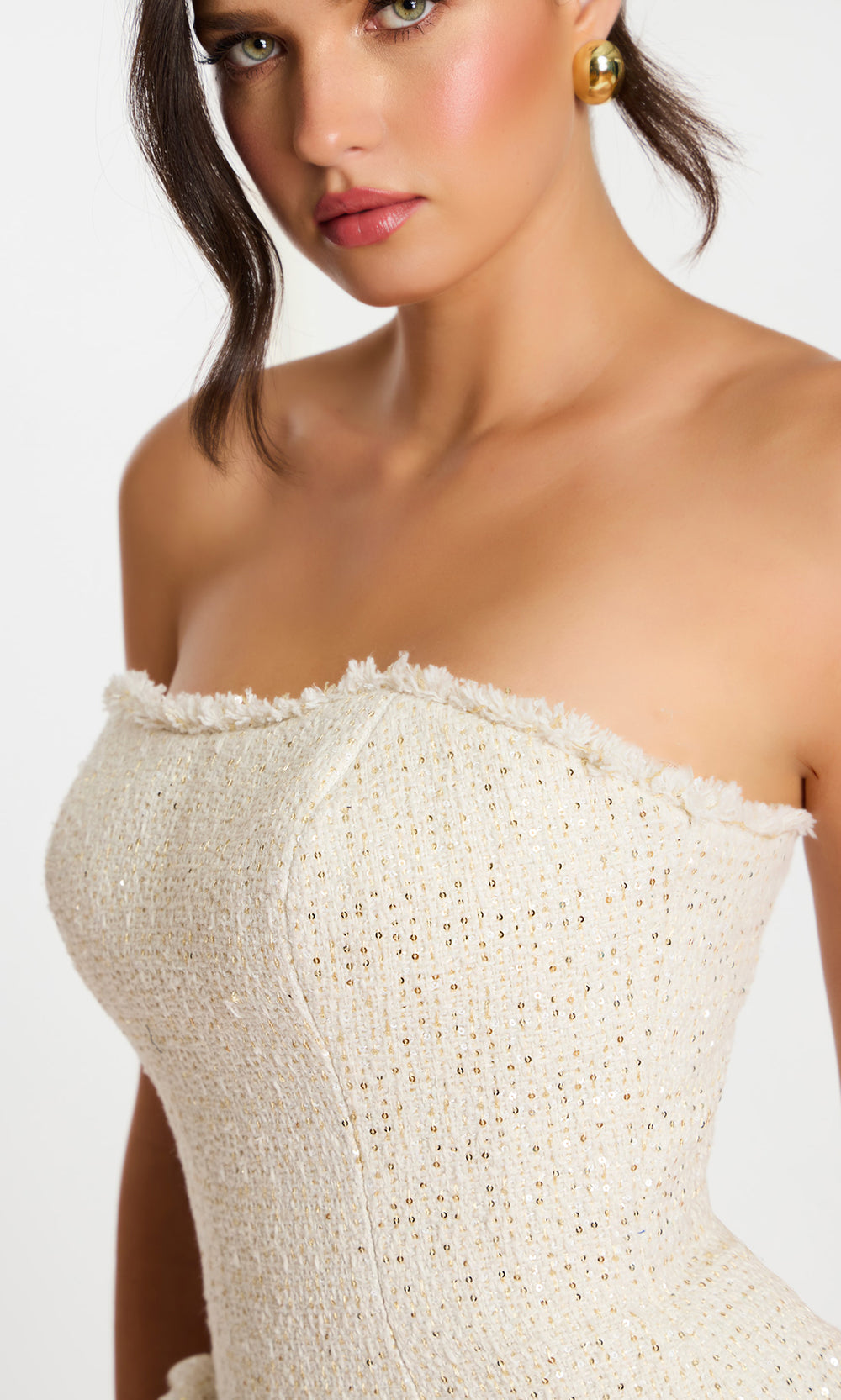 Jovani 45388 - Frayed Neckline Tweed Dress with Rosette Skirt - back view