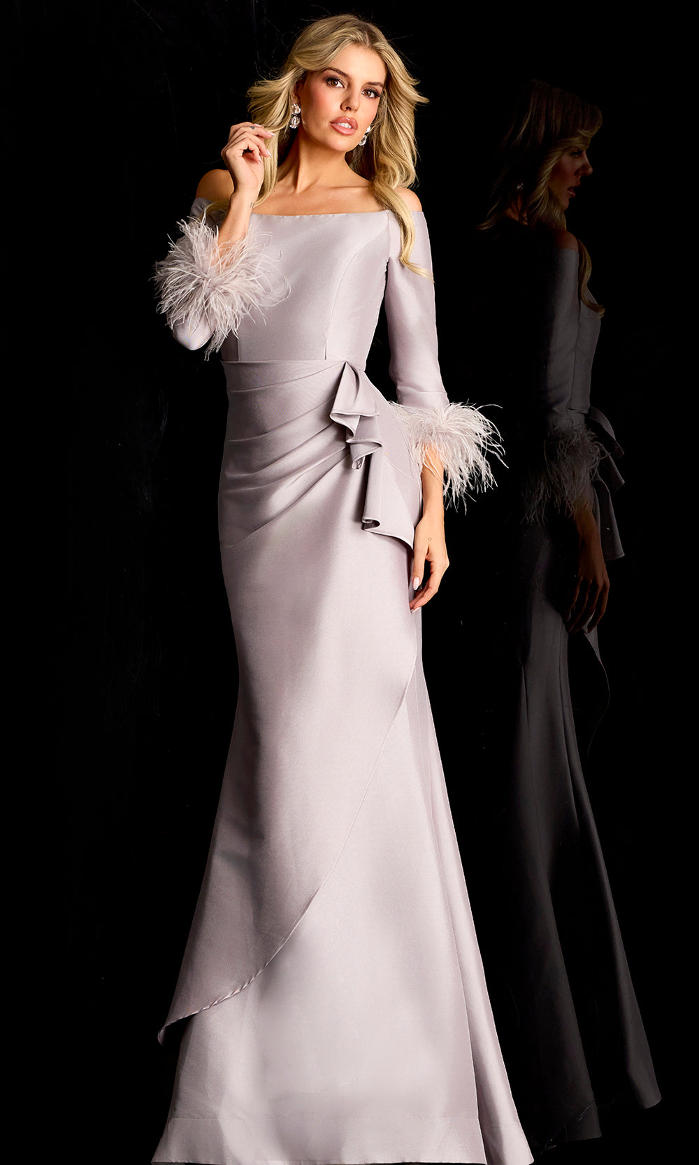 Jovani 45515 - Feathered Sleeve Cuff Draped Evening Gown - designer mother of the bride dress at Silhouette Dresses