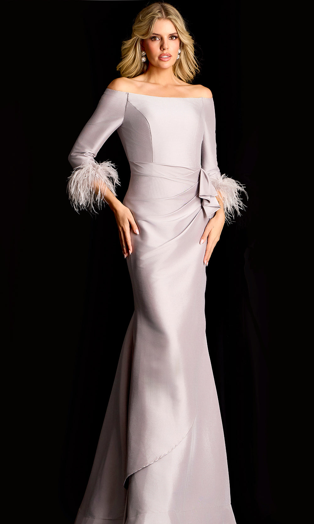 Jovani 45515 - Feathered Sleeve Cuff Draped Evening Gown - back view