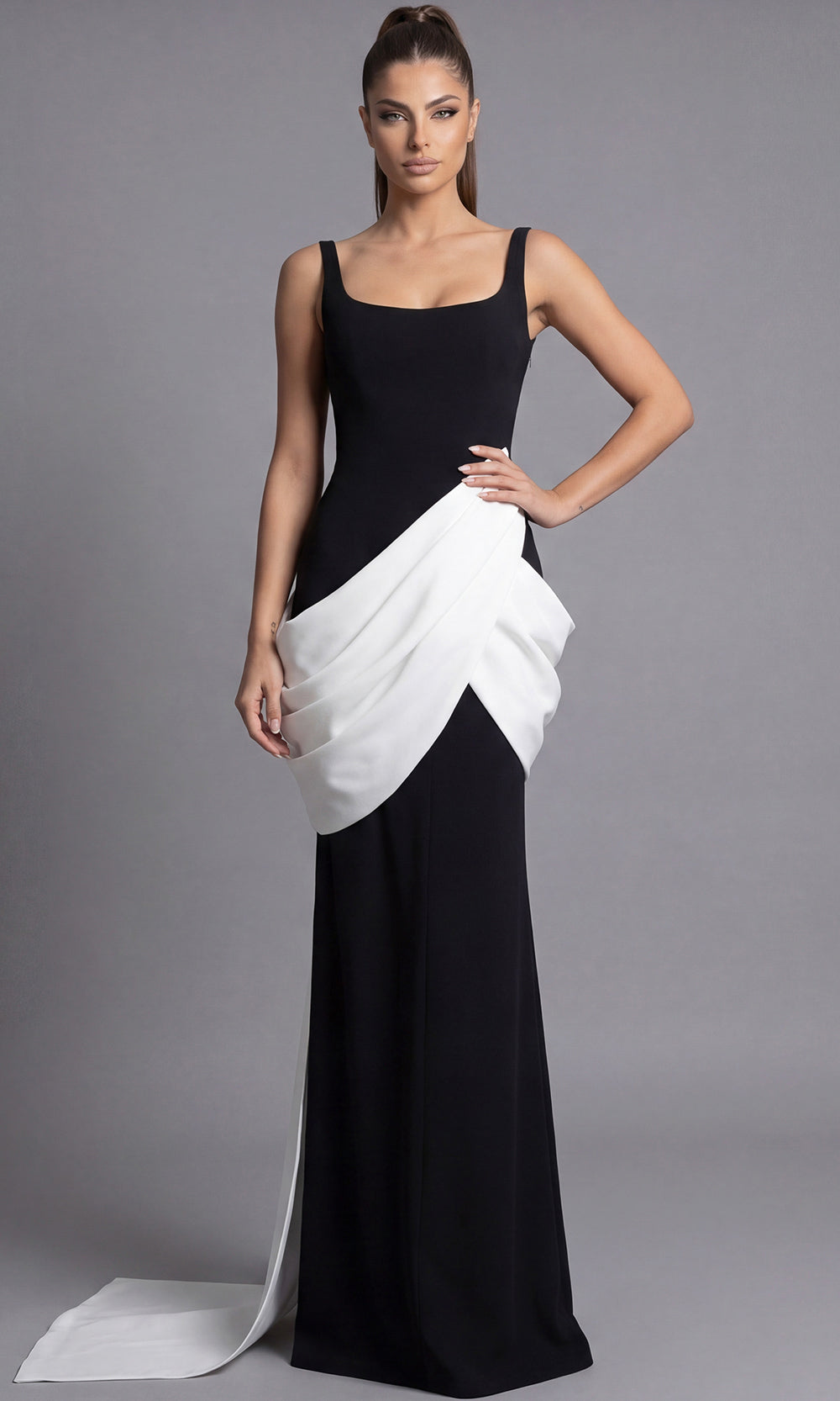 Jovani 45619 - Square Neck Draped Sheath Gown - back view