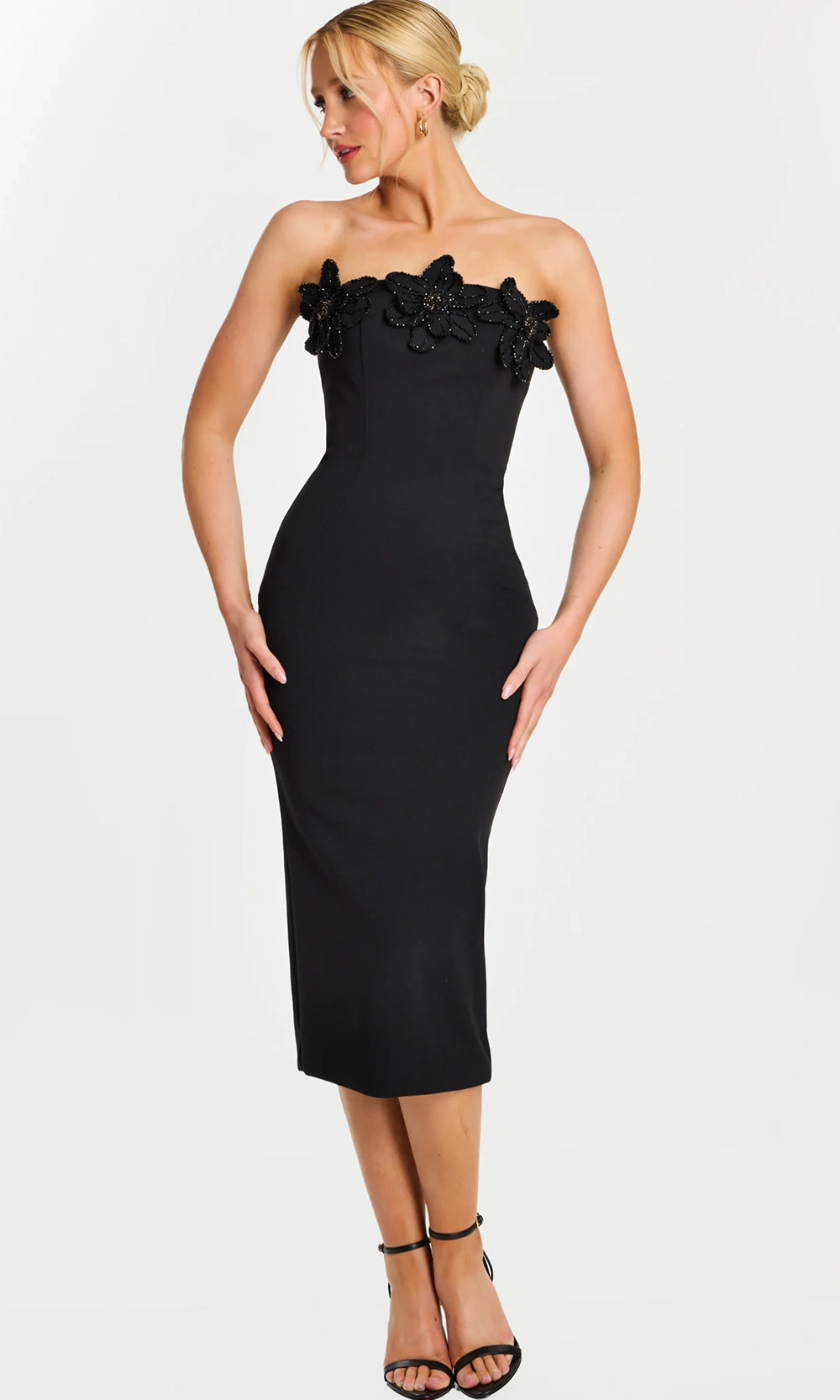 Jovani 45640 - Straight Neckline Floral Accent Midi Dress - designer cocktail dress at Silhouette Dresses