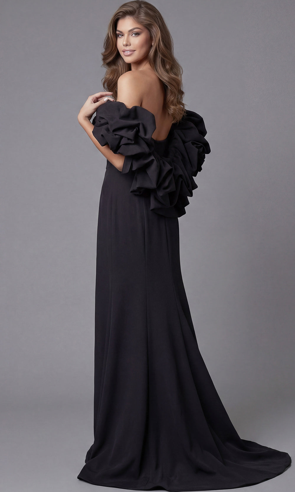Jovani 45653 - Ruffled Off Shoulder Scuba Long Gown - detail view