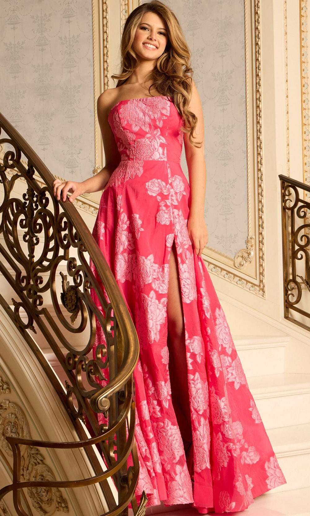 Jovani 45721 - Floral Jacquard Straight Neckline Gown - designer prom dress at Silhouette Dresses