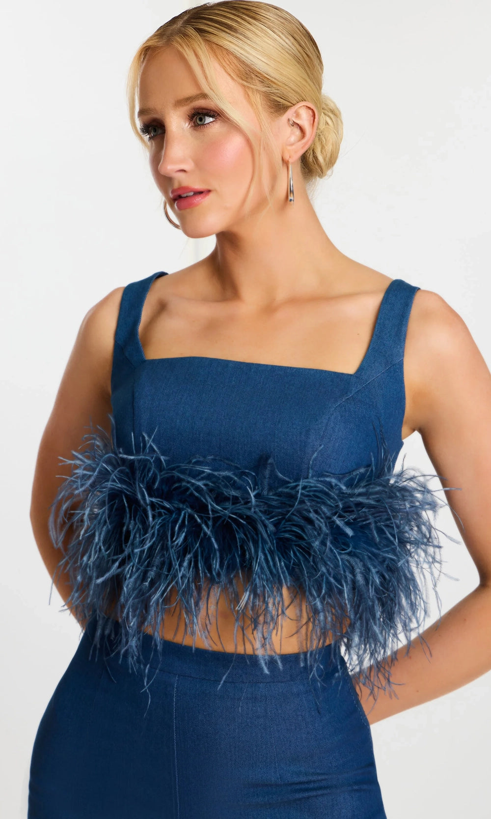 Jovani 45973 - Feather Trim Square Neck Two Piece Pantsuit - detail view