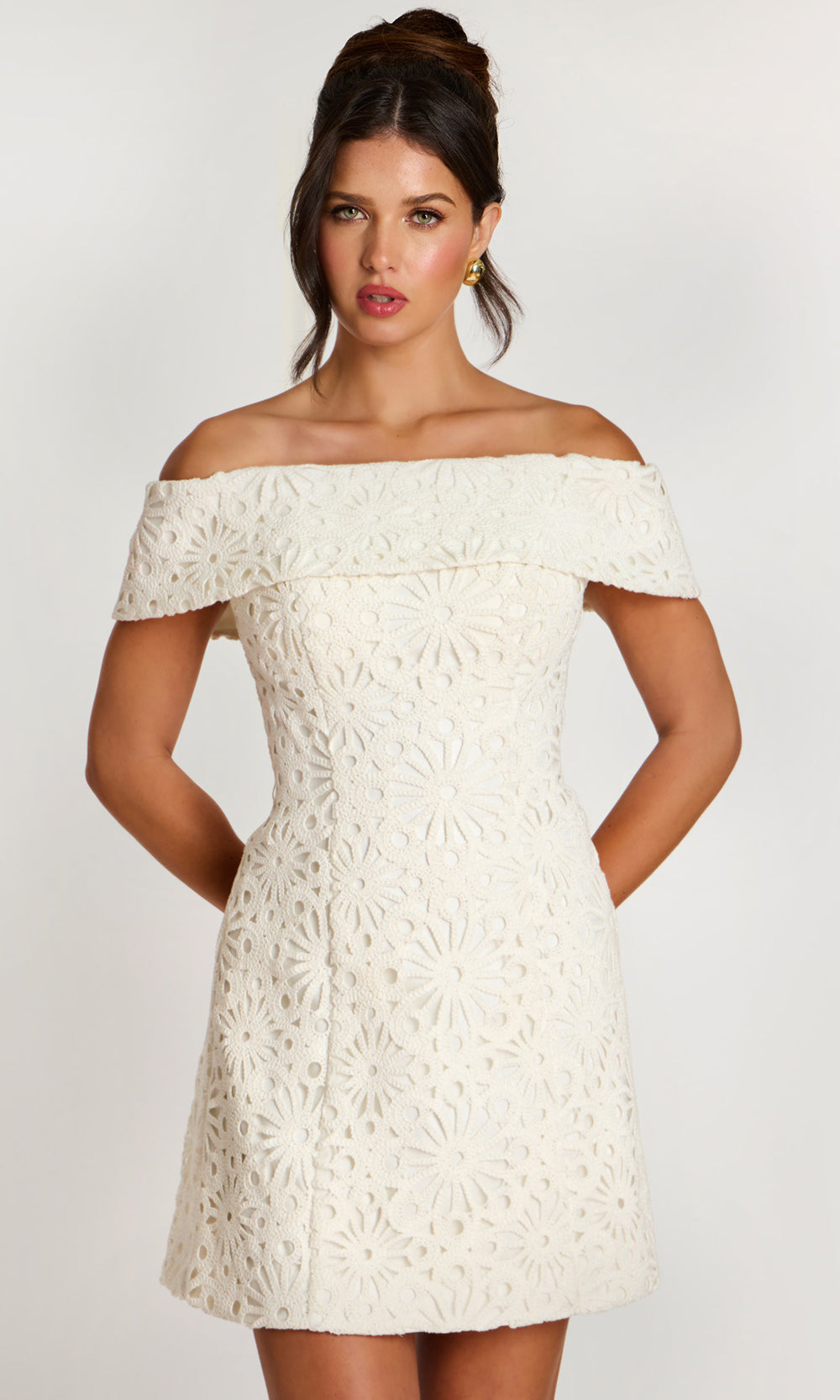 Jovani 46036 - Folded Neckline Floral Lace Short Dress - detail view
