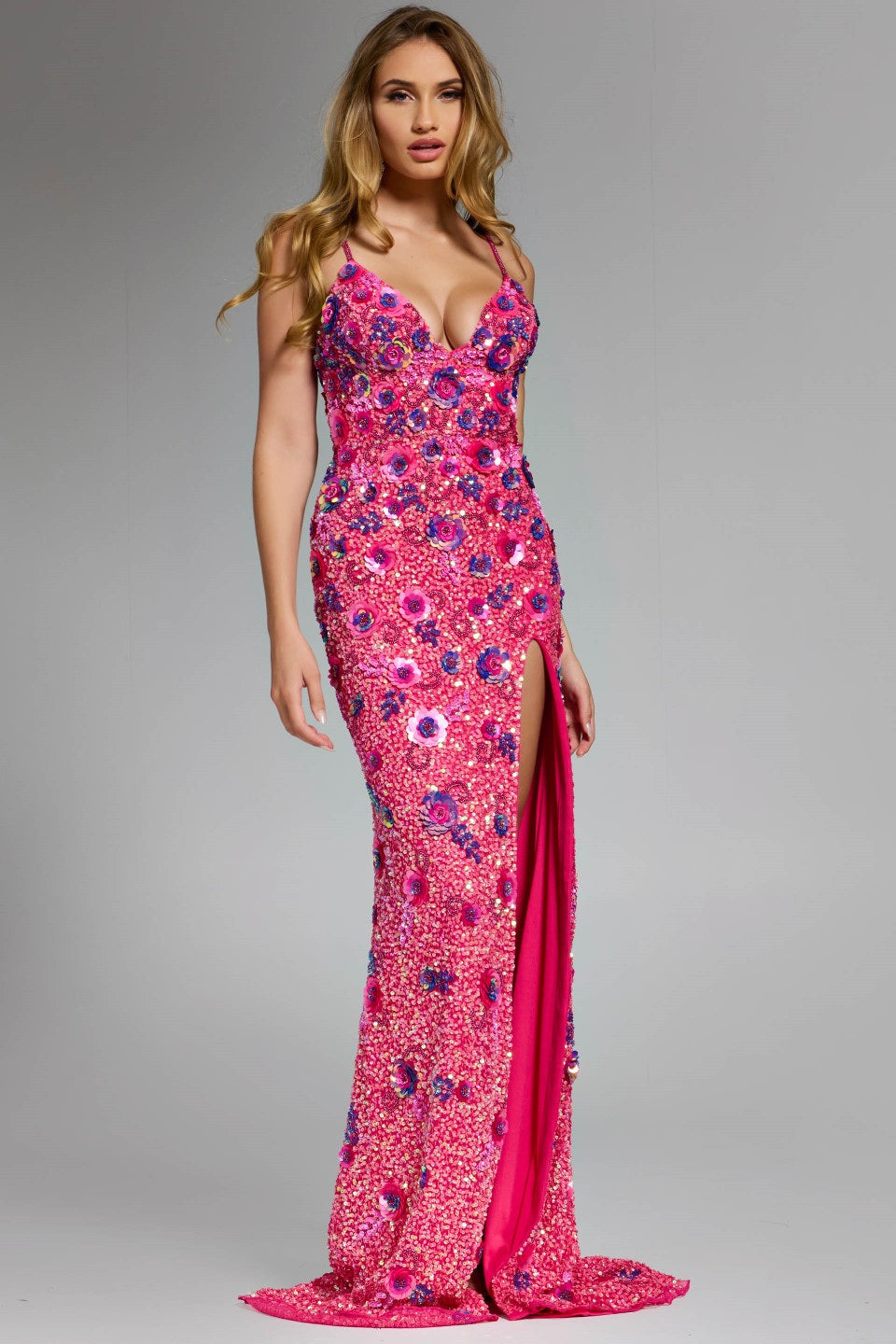 Jovani 46097 - Sequin Floral V-Neck Fitted Dress - view 6