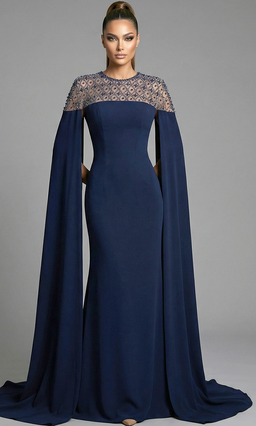 Jovani 46522 - Beaded Illusion Cape Sleeve Evening Gown - designer mother of the bride dress at Silhouette Dresses