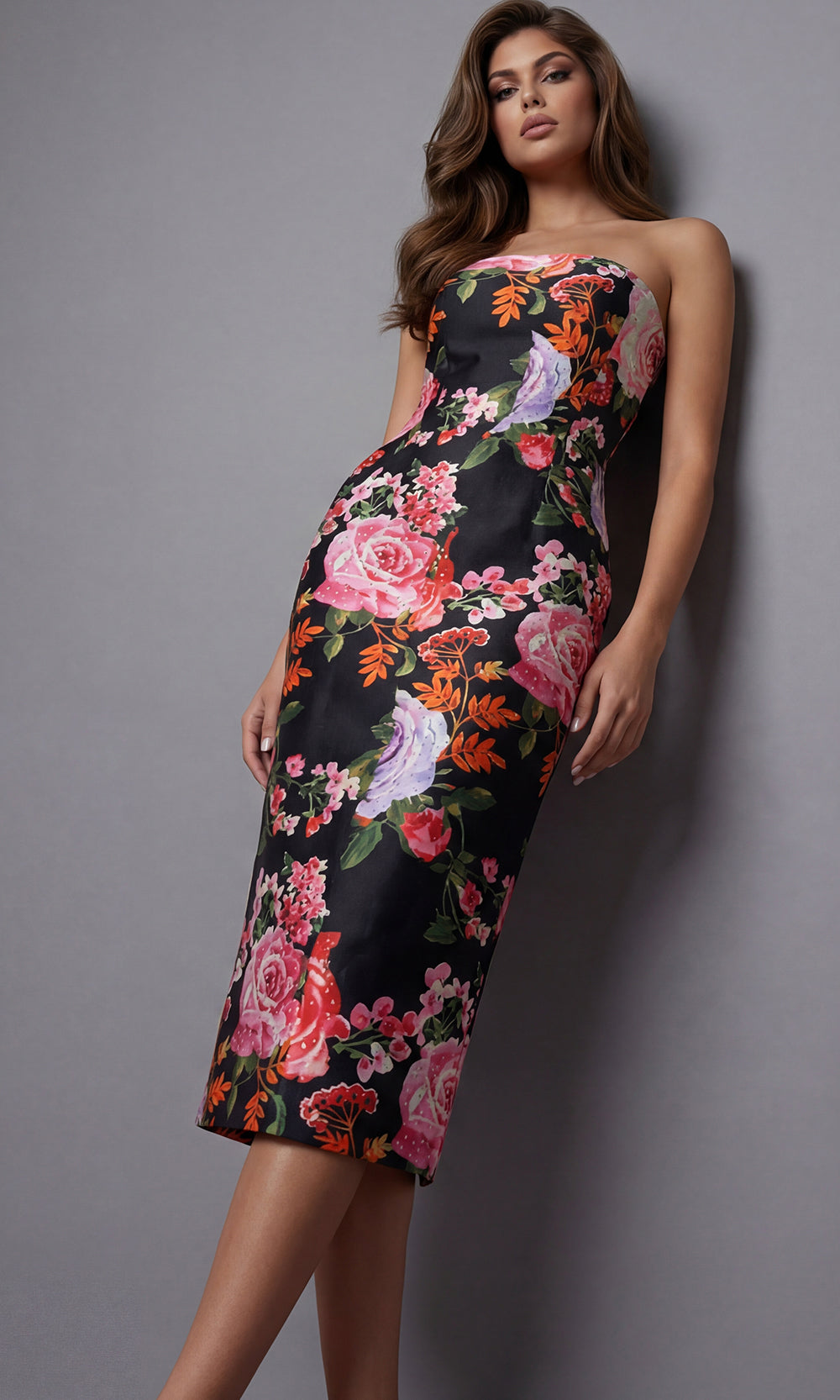 Jovani 46565 - Multicolor Floral Sheath Midi Dress - back view