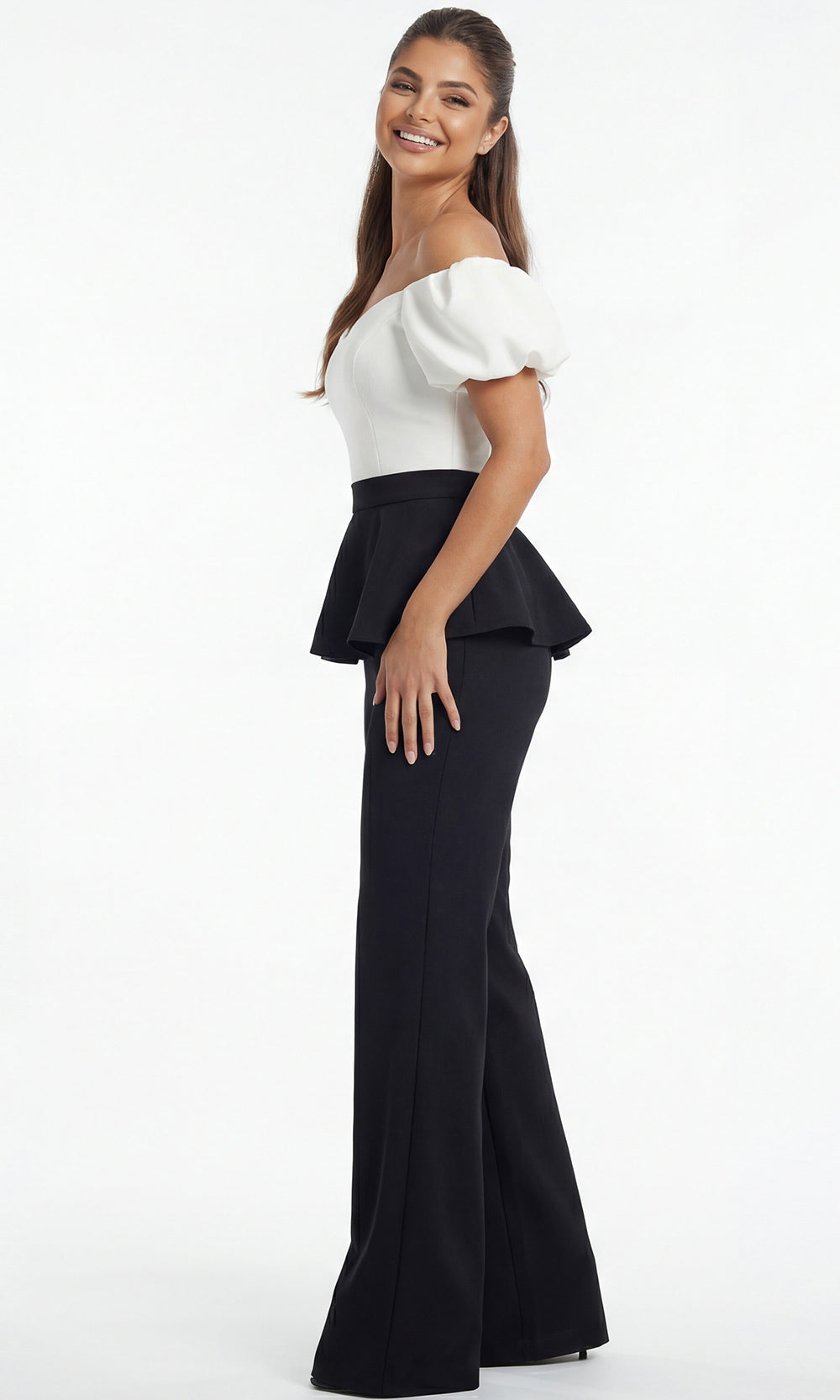 Jovani 46613 - Off Shoulder Puff Sleeve Peplum Pantsuit - view 5