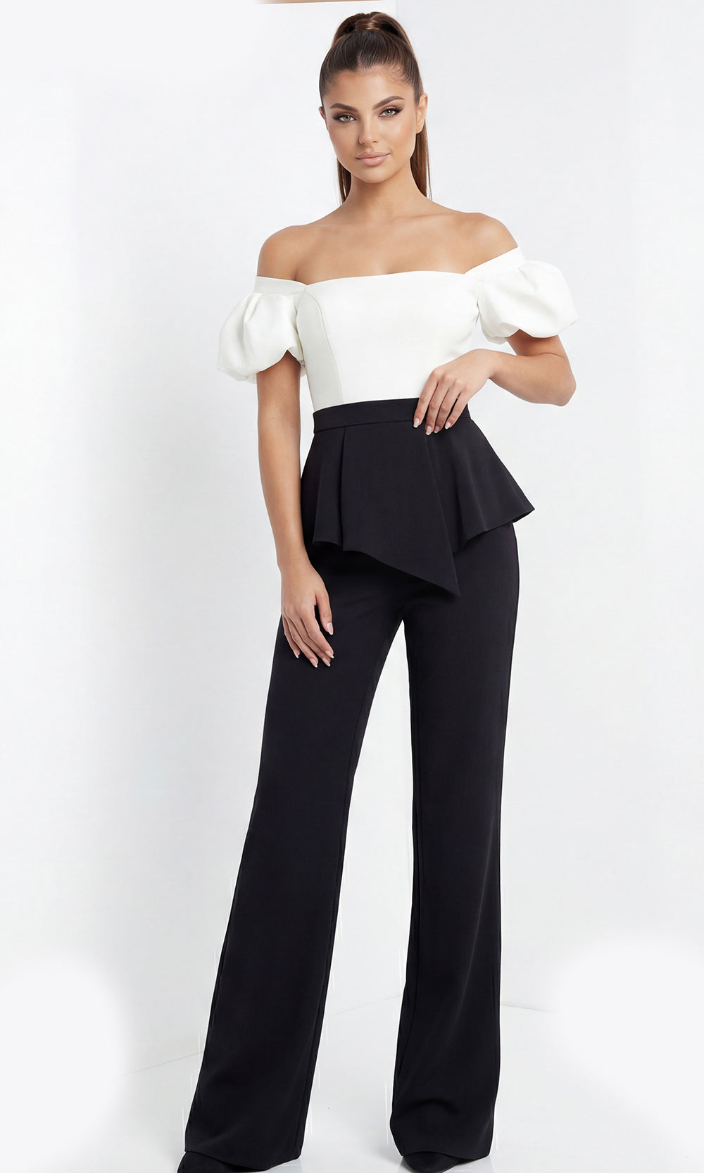Jovani 46613 - Off Shoulder Puff Sleeve Peplum Pantsuit - back view