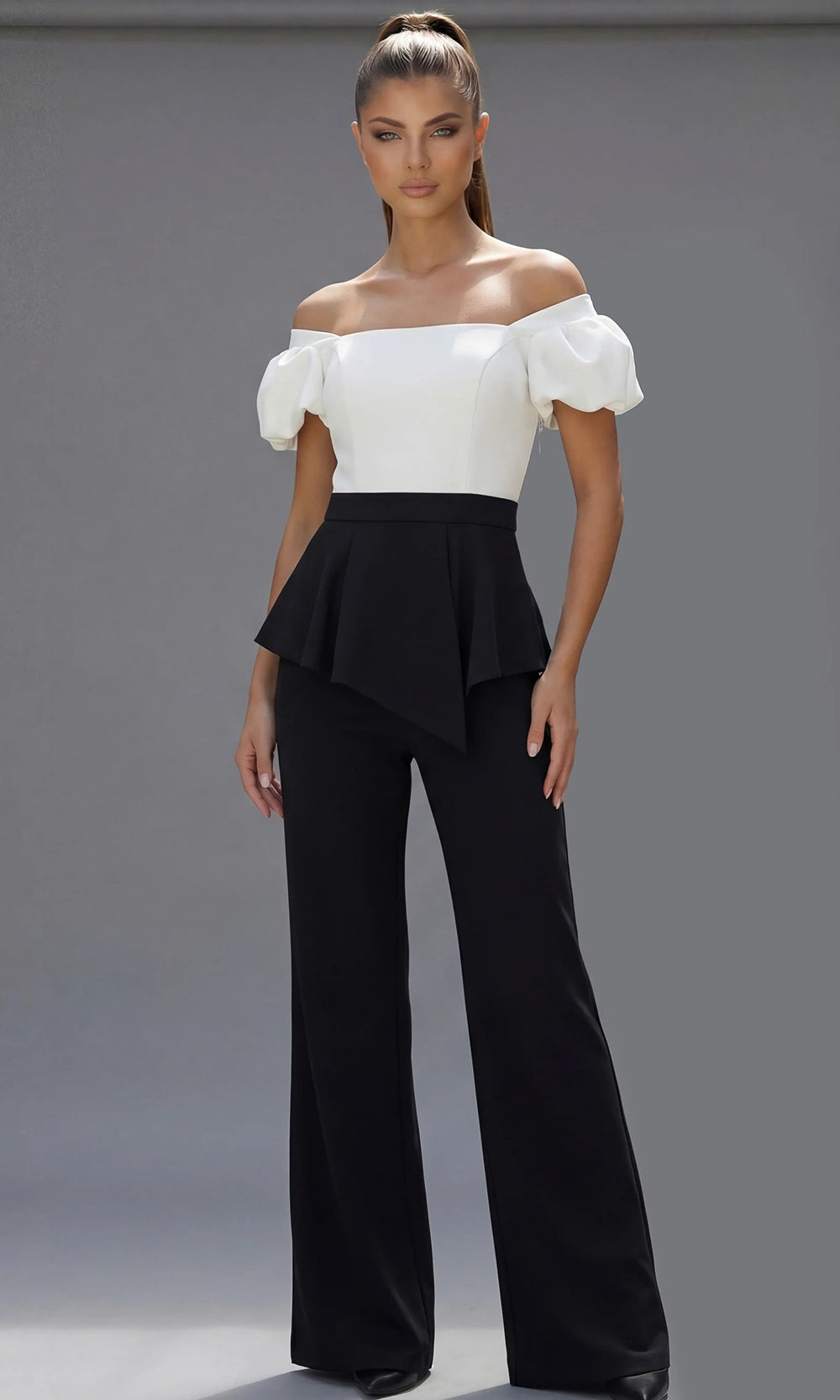 Jovani 46613 - Off Shoulder Puff Sleeve Peplum Pantsuit - view 6