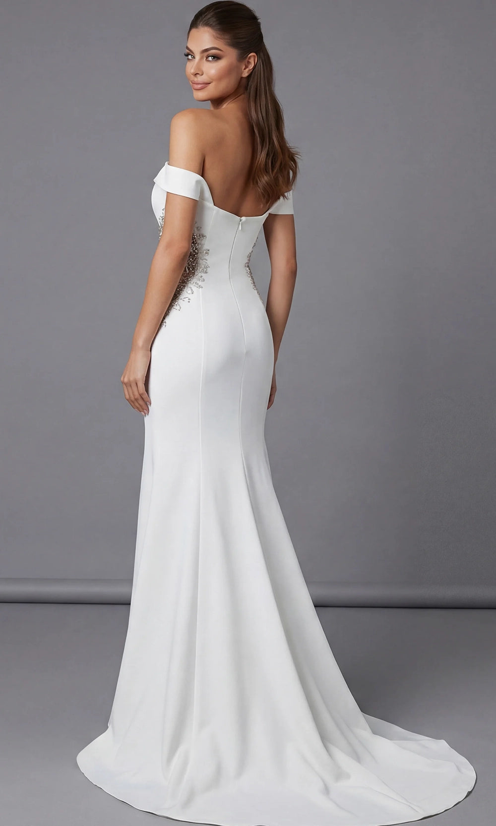 Jovani 46623 - Off Shoulder Crepe Gown with Beaded Applique - back view