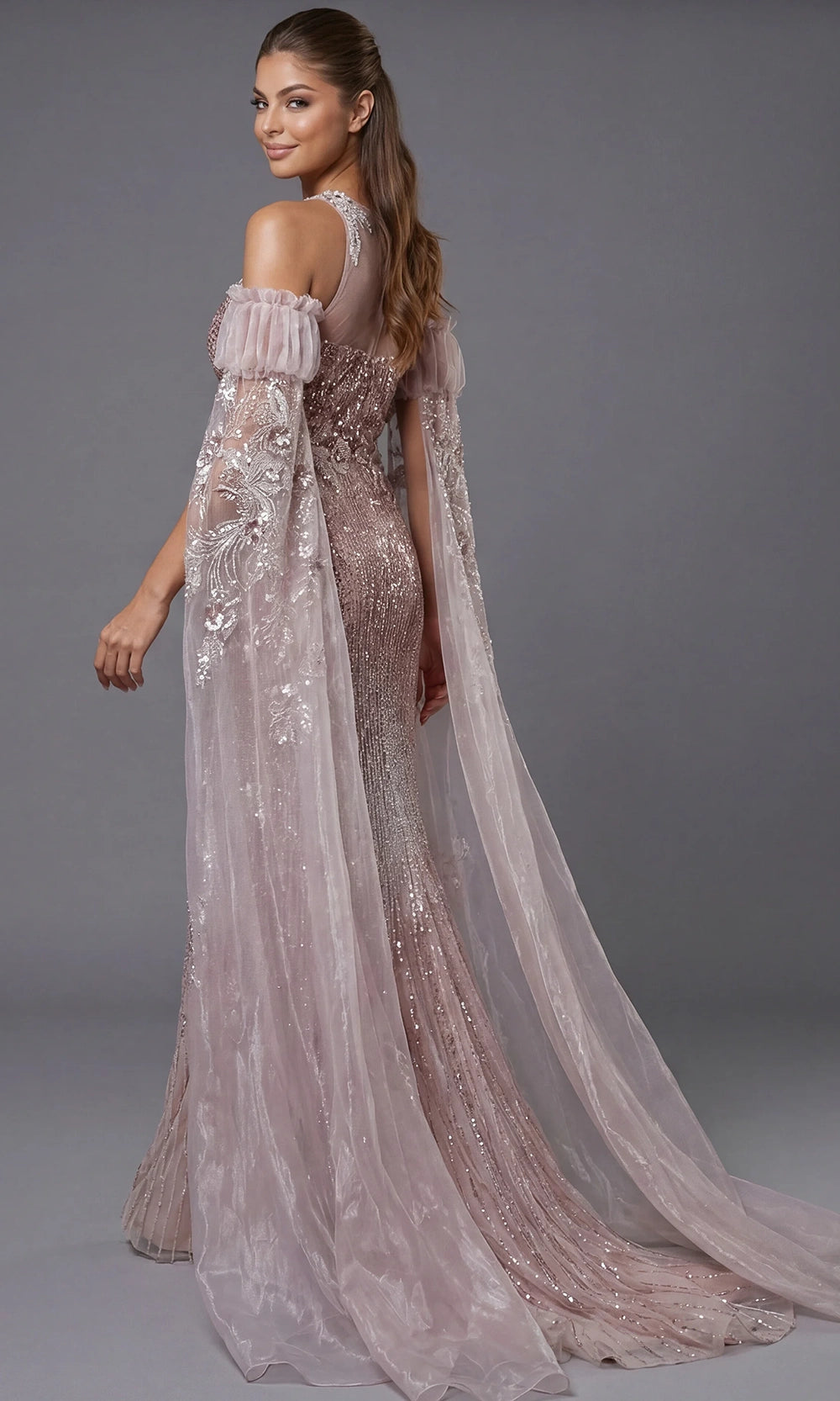 Jovani 46674 - Sheer Sleeve Allover Beaded Long Gown - detail view