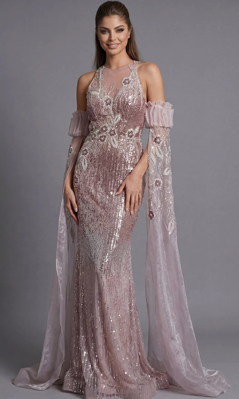 Jovani 46674 - Sheer Sleeve Allover Beaded Long Gown - designer mother of the bride dress at Silhouette Dresses