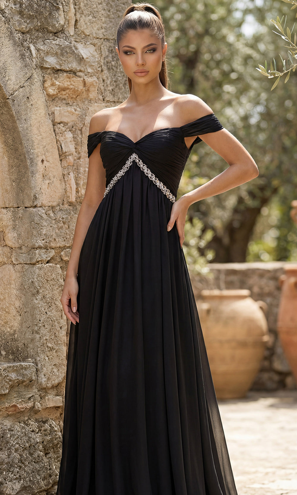 Jovani 46703 - Off Shoulder Empire Waist Evening Gown - back view