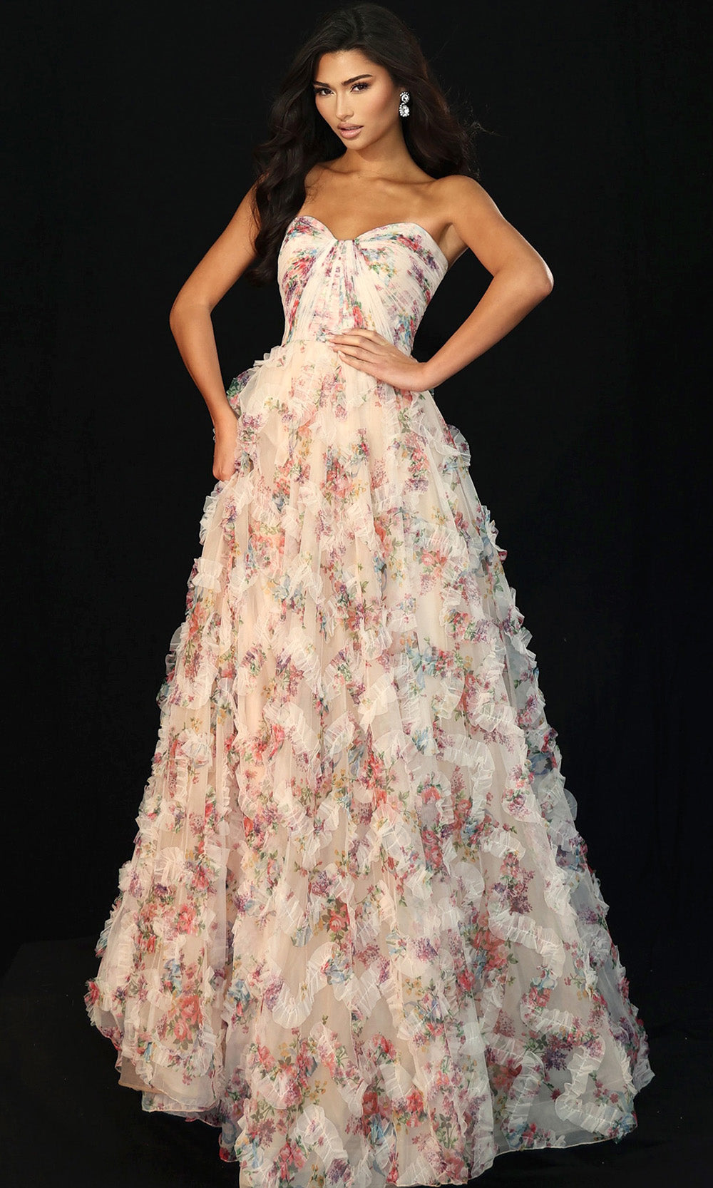 Jovani 46783 - Layered Ruffle Ballgown with Floral Print - back view