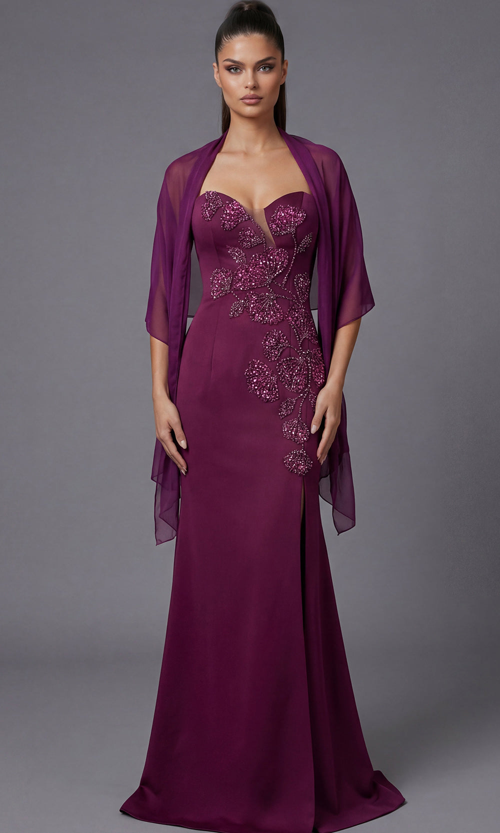 Jovani 47155 - Floral Beadwork Sweetheart Gown with Shawl - designer mother of the bride dress at Silhouette Dresses
