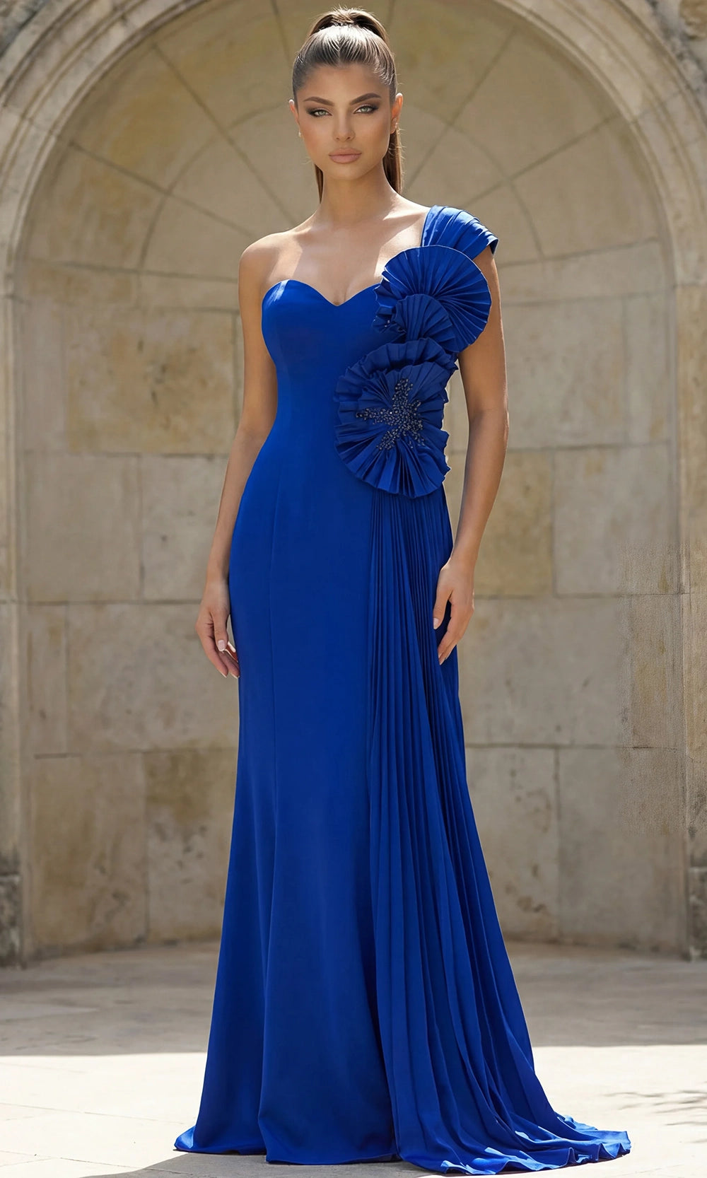 Jovani 47202 - Ruffle Shoulder Detail Sheath Evening Gown - detail view