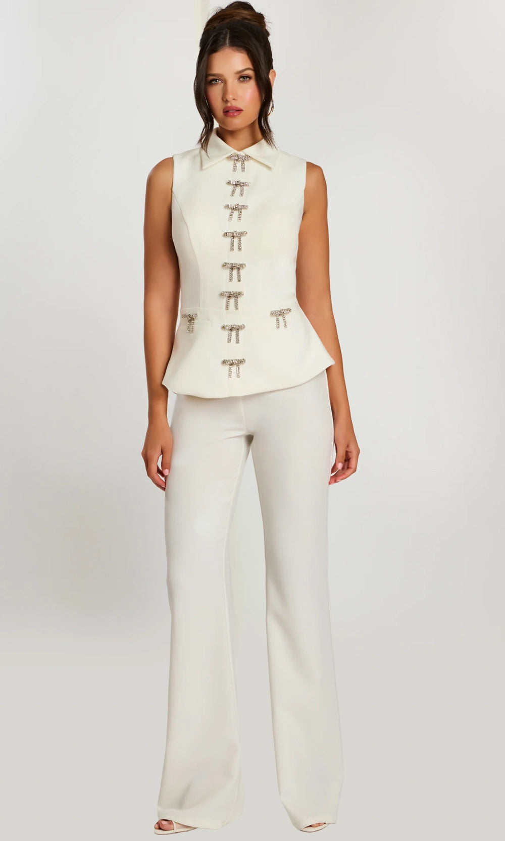 Jovani 47233 - Rhinestone Bow Collared Neckline Pantsuit - designer formal jumpsuit at Silhouette Dresses