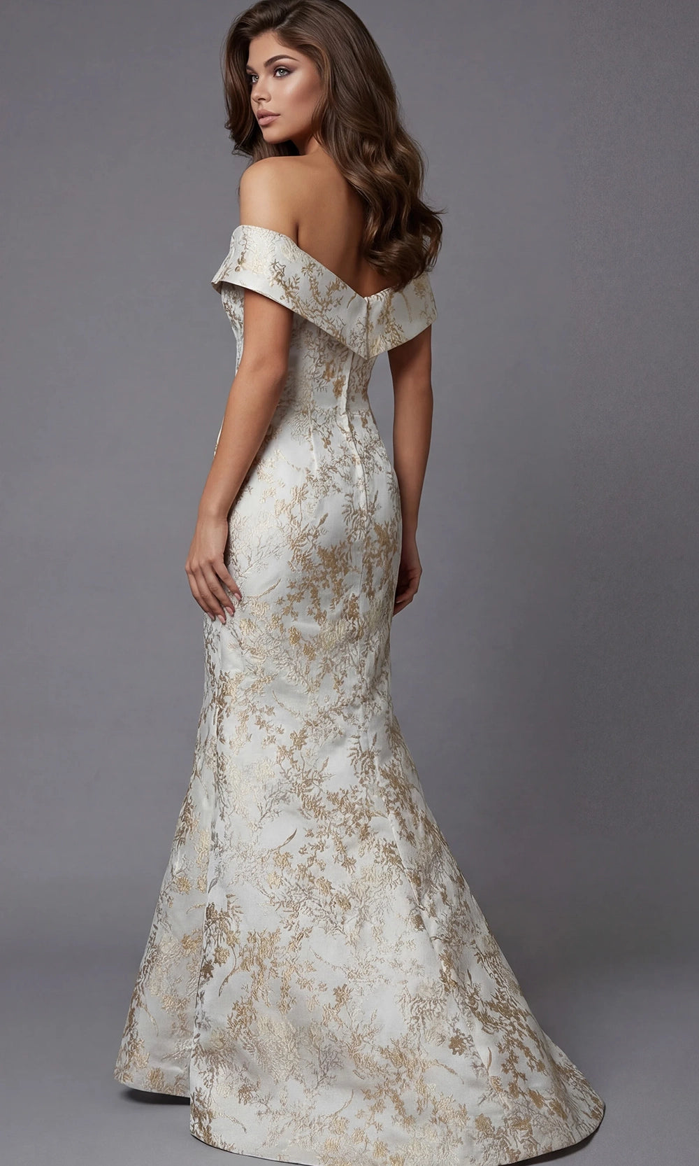 Jovani 47392 - Fold-Over Neckline Brocade Mermaid Gown - back view