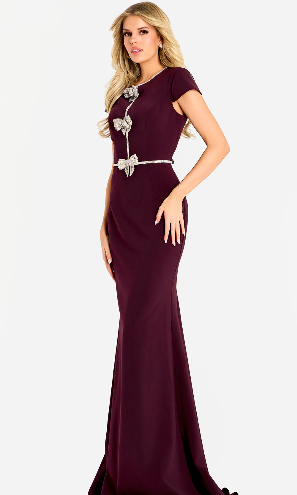 Jovani 47619 - Rhinestone Bow Short Sleeve Evening Gown - back view