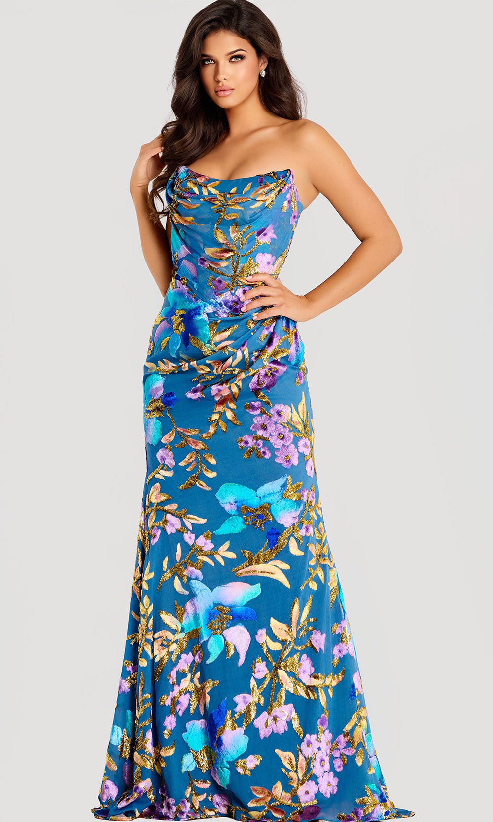 Jovani 47654 - Draped Bodice Floral Satin Prom Dress - detail view