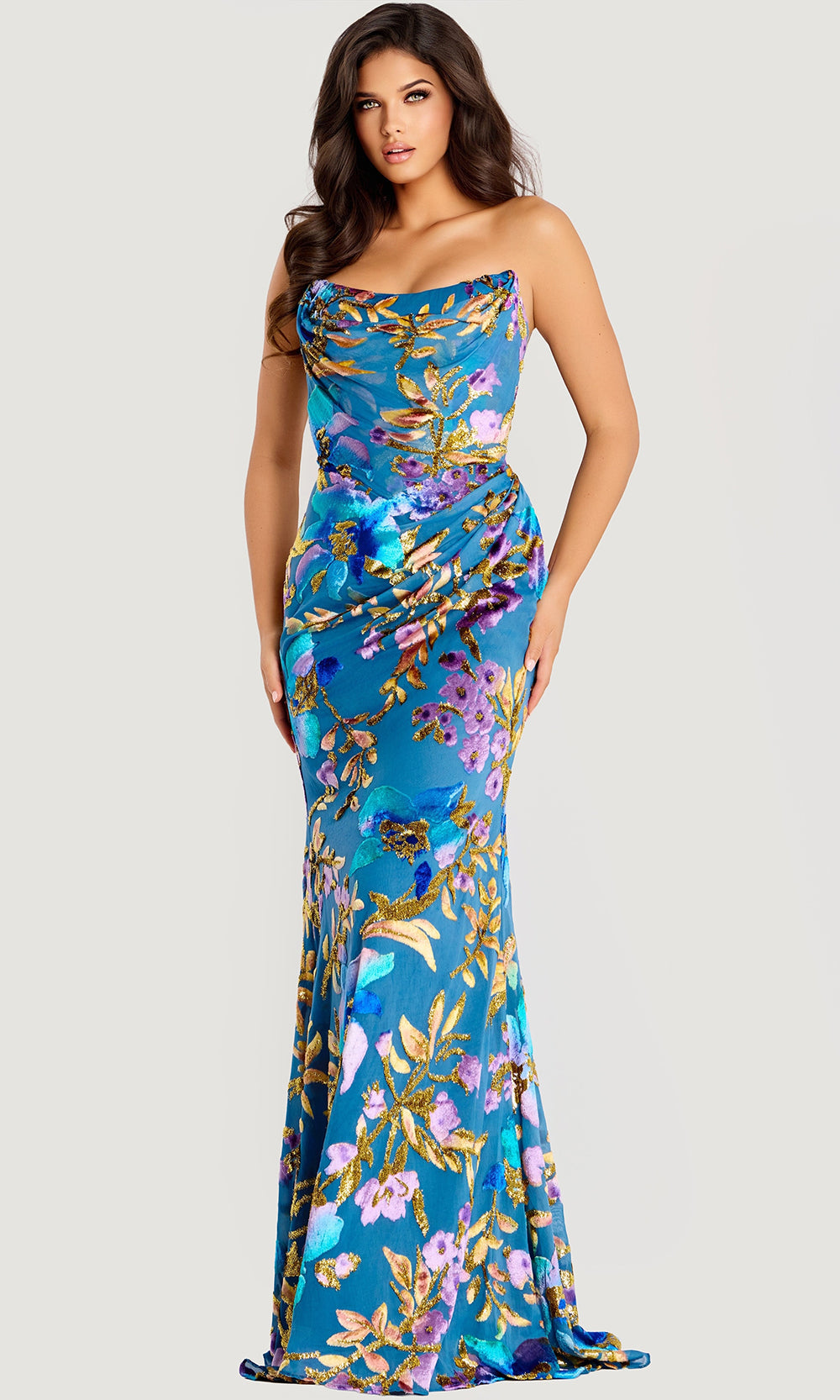 Jovani 47654 - Draped Bodice Floral Satin Prom Dress - designer prom dress at Silhouette Dresses