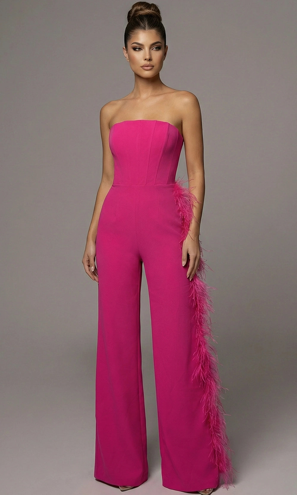 Jovani 48026 - Strapless Wide Leg Jumpsuit with Side Feather Trim - designer formal jumpsuit at Silhouette Dresses