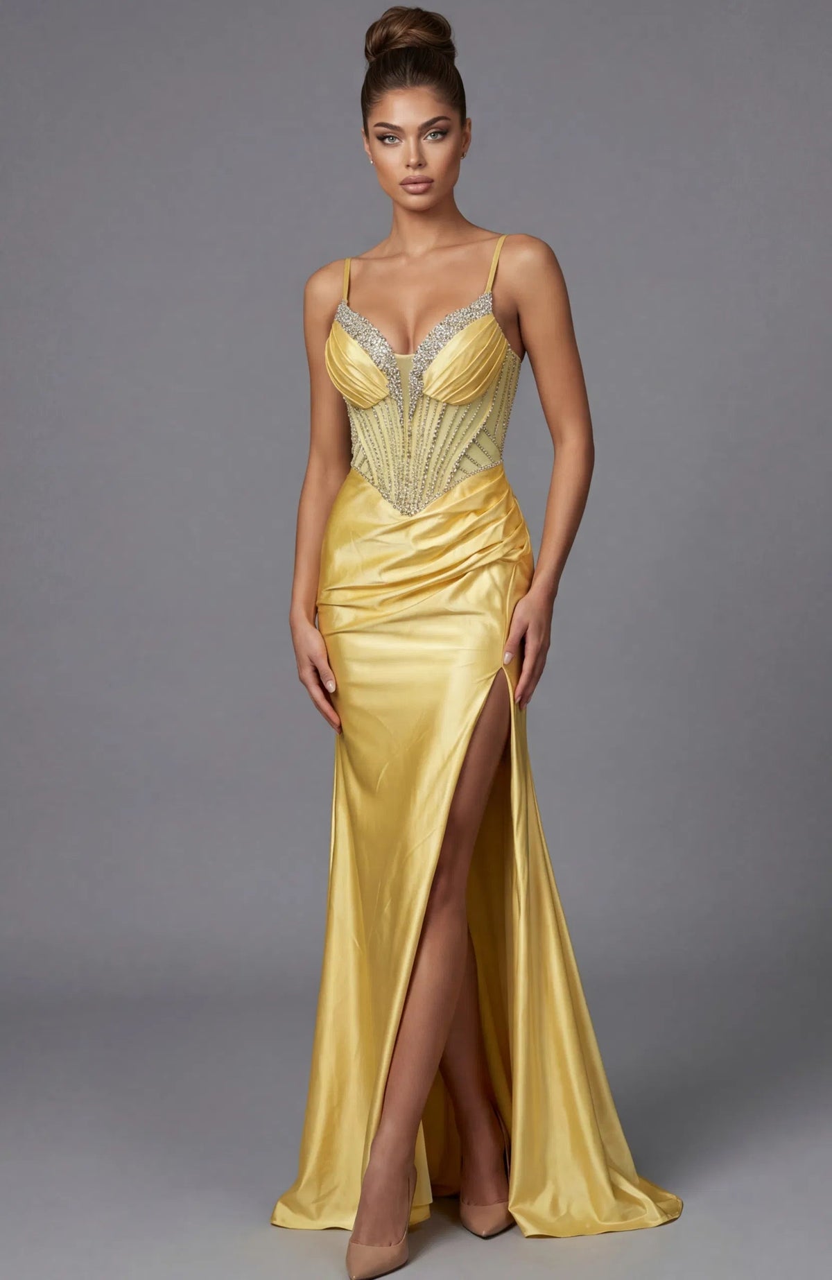 Jovani 48368 - Beaded Top Plunging Satin Gown - detail view