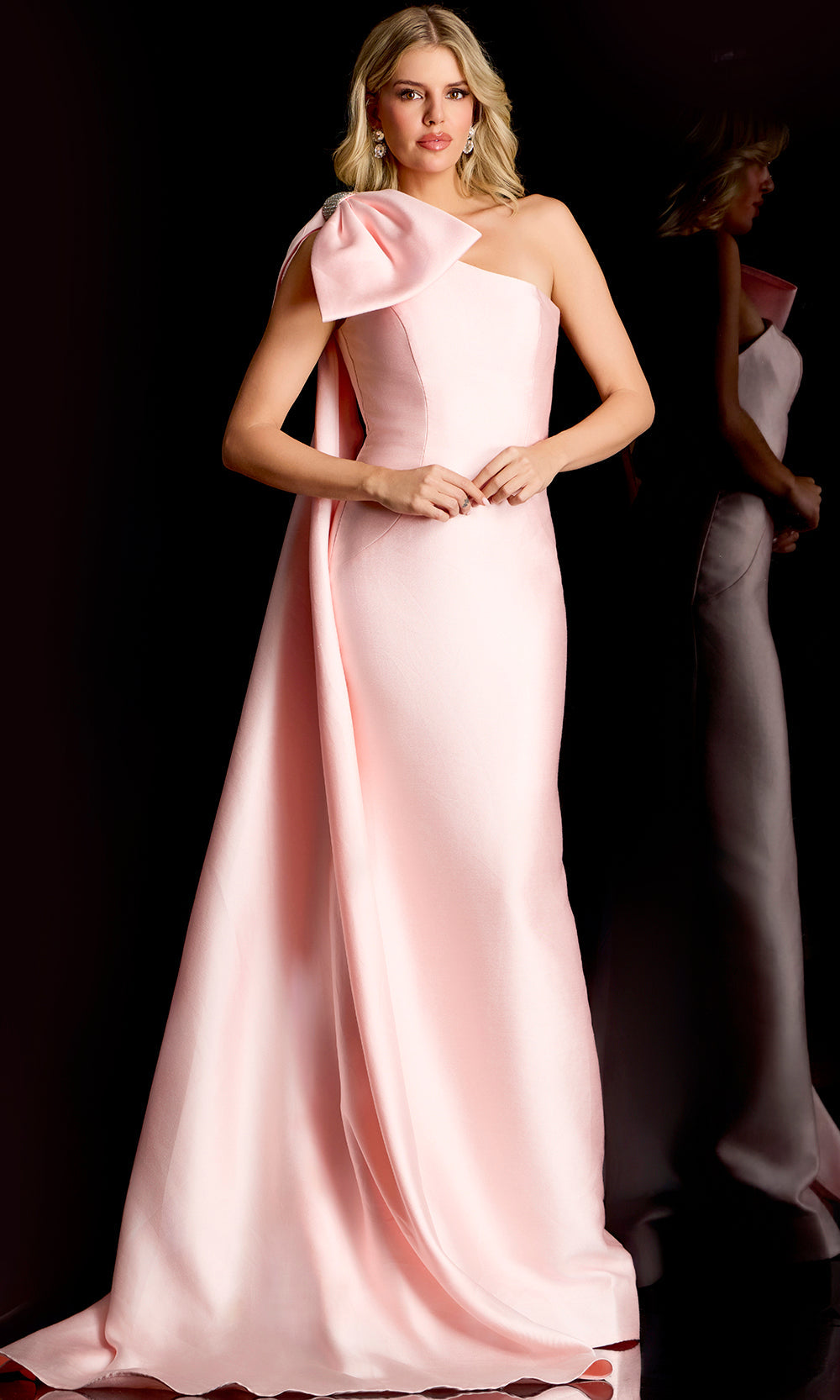 Jovani 48677 - Draped Shoulder Cape Satin Evening Gown - designer mother of the bride dress at Silhouette Dresses
