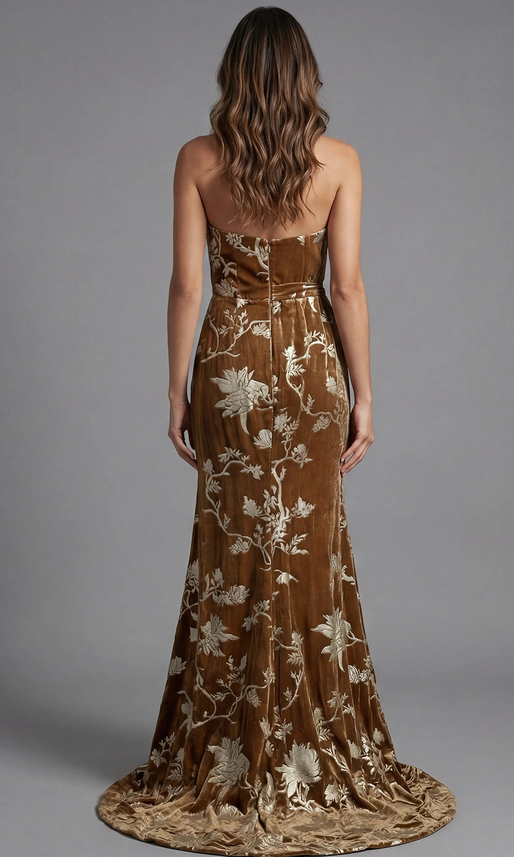 Jovani 49312 - Floral Brocade Sculptural Neckline Evening Gown - back view