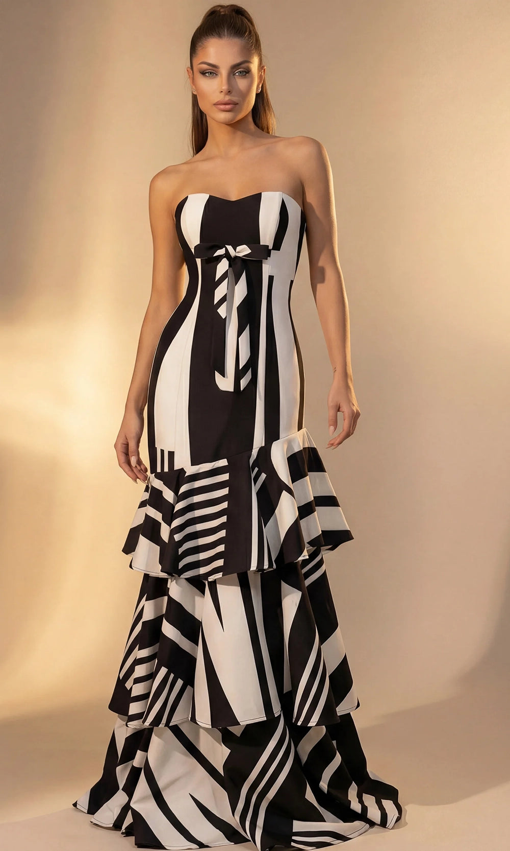 Jovani 49317 - Abstract Print Tiered Evening Gown with Bow - view 4