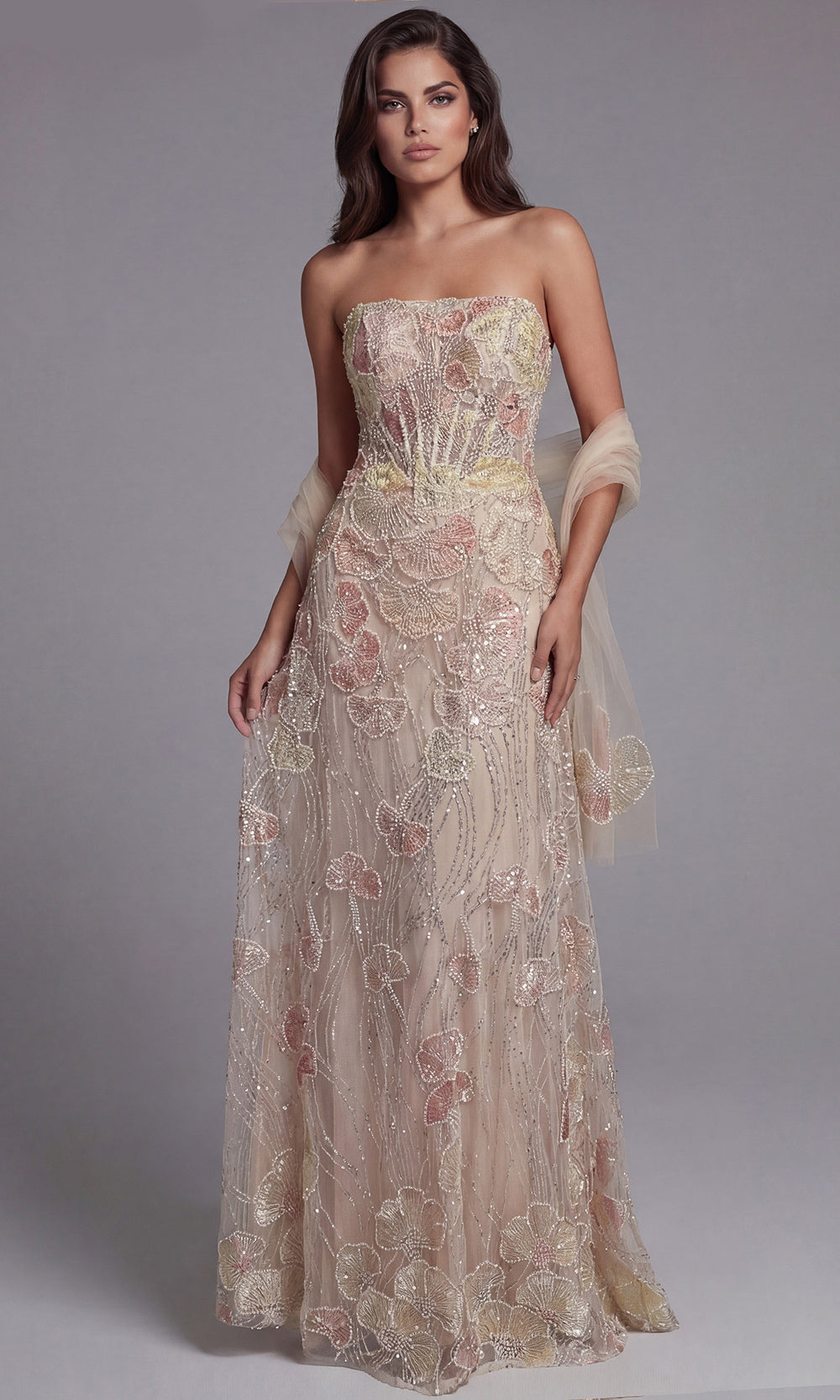 Jovani 49882 - Strapless Floral Embellished A-Line Gown - detail view