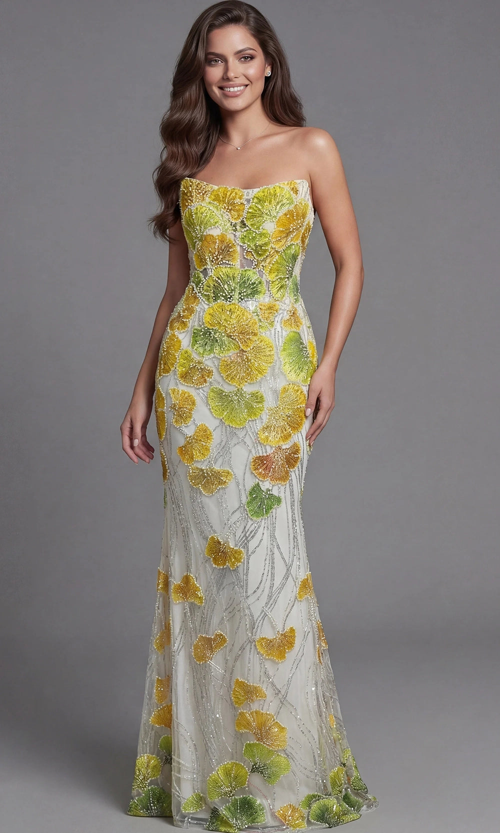 Jovani 49884 - Embroidered Tulle Fitted Strapless Gown - detail view