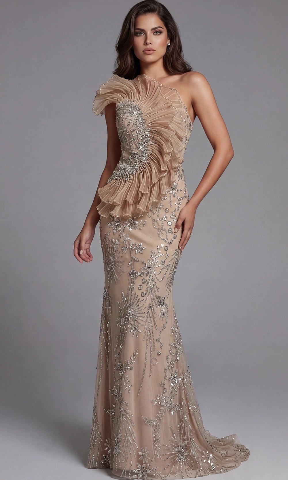 Jovani 50205 - One Shoulder Intricate Beaded Evening Gown - designer evening gown at Silhouette Dresses