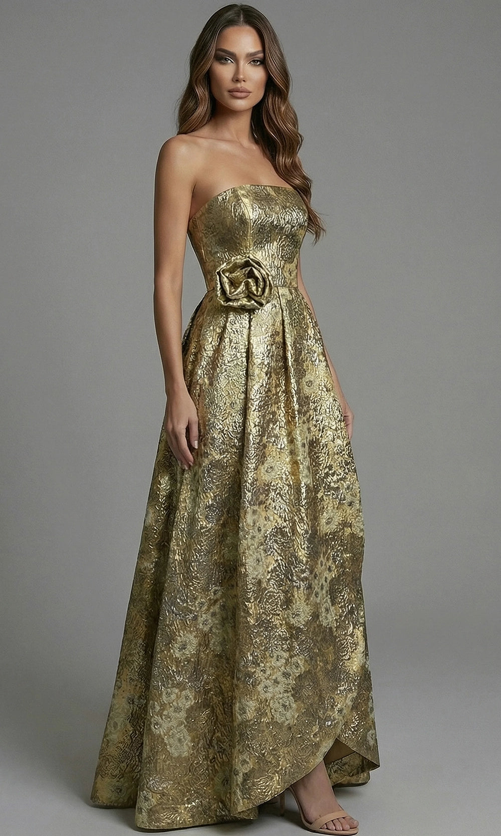 Jovani 51692 - Metallic Floral A-Line Gown with Rosette Accent - designer mother of the bride dress at Silhouette Dresses