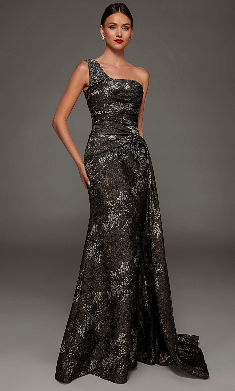 Alyce Paris 55033 - One Shoulder Jacquard Gown with Side Drape