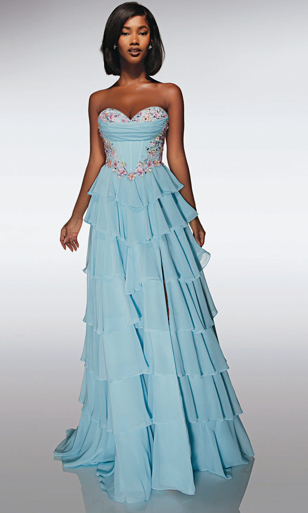 Alyce Paris 62013 - Tiered Ruffle Gown with Floral Bodice - designer prom dress at Silhouette Dresses