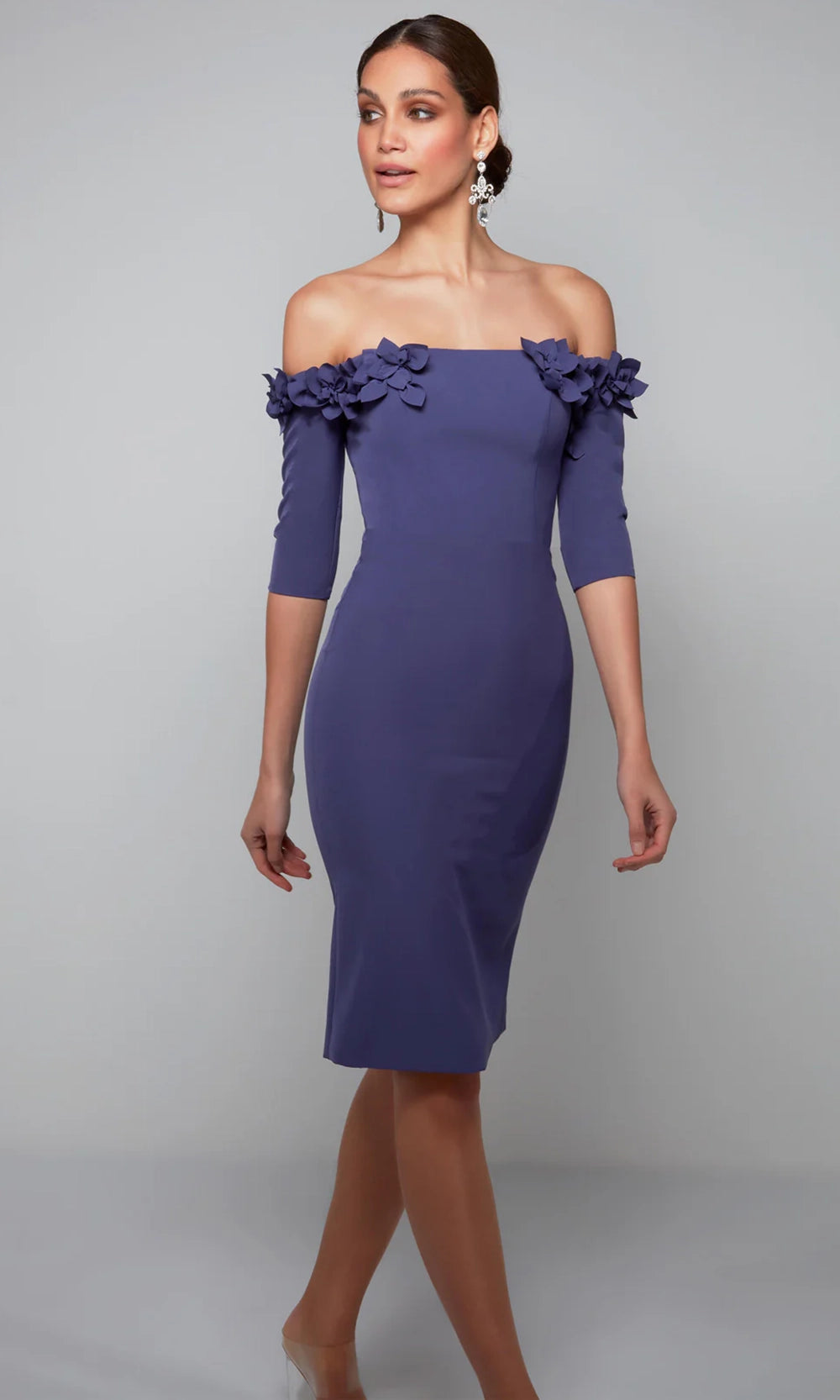 Alyce Paris 70003 - Off Shoulder Fitted Dress with Floral Accents - view 4